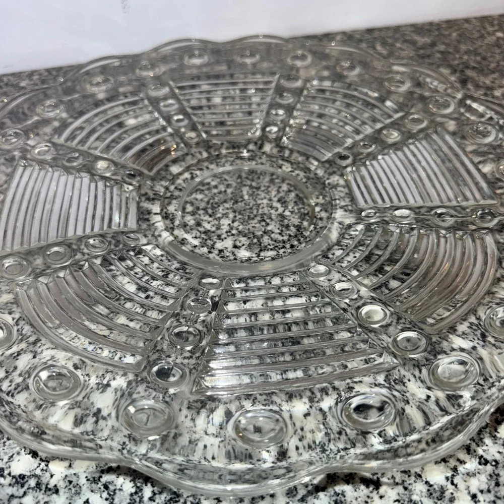 Vintage Serving Bowl and Platter Set Clear Pressed Glass Scalloped Edge